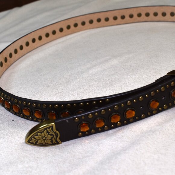 Western Rhinestone Studded Leather Belt Dark Brown XL Orange Stones - Picture 7 of 10